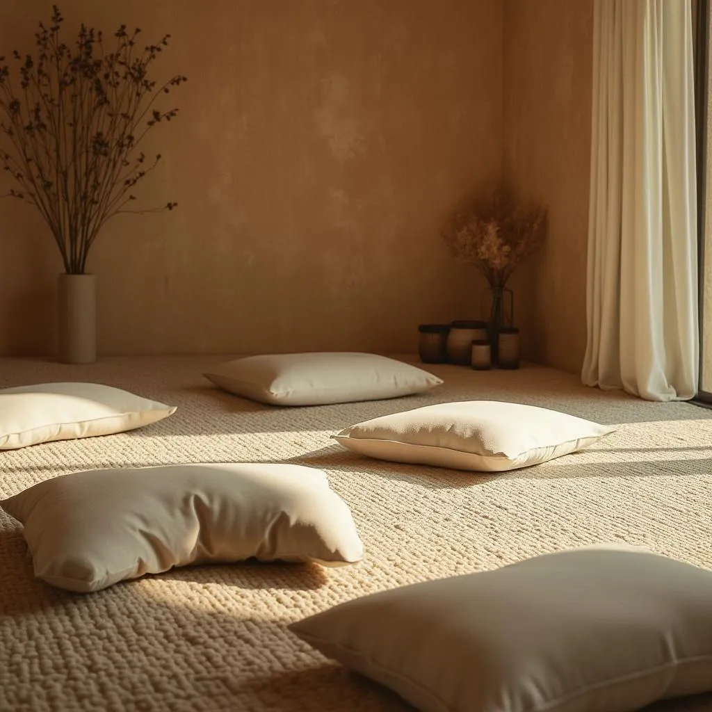 Espace méditation zen avec coussins et décoration apaisante